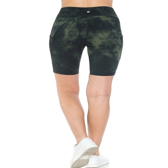 Womens Prem Green Tie Dye 5"High Waistband 8" Inseam Bike Shorts w/Pockets S-XL - Picture 4 of 4